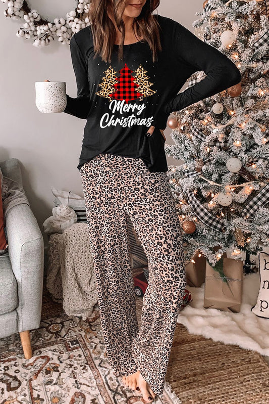 Merry Christmas Tree Leopard Print Two Piece Lounge Set