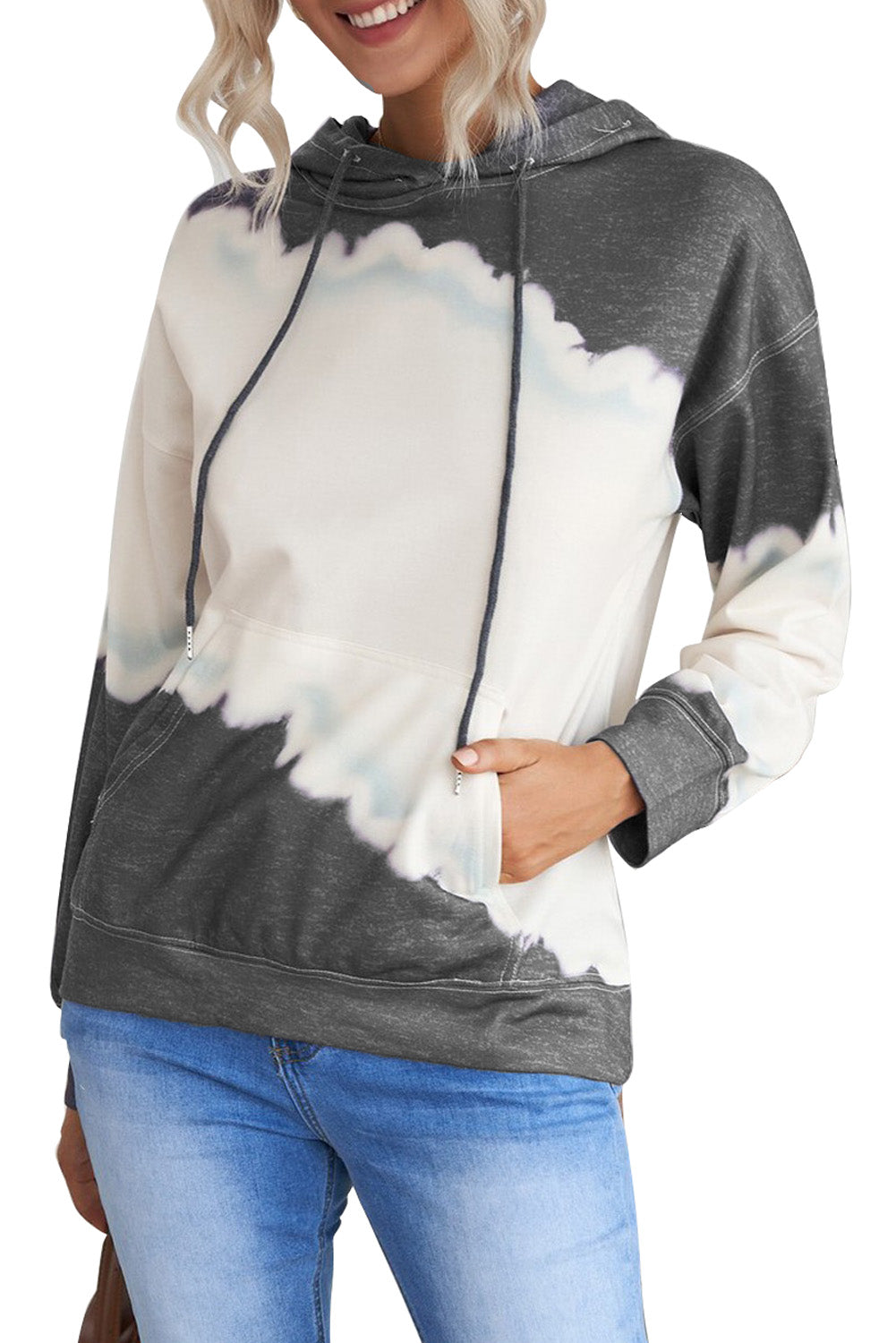 Gray Hooded Tie Dye Print Pocket Casual Sweatshirt