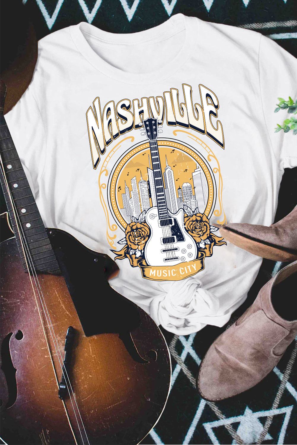 Music City NASHVILLE Guitar Floral Print Graphic T Shirt