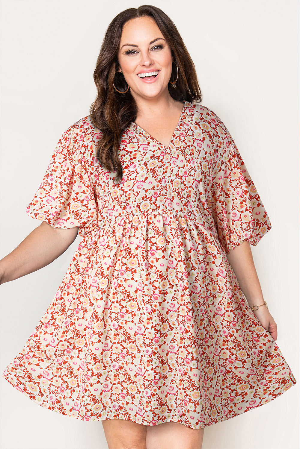 Multicolor Plus Size Floral Print Puff Sleeves Dress