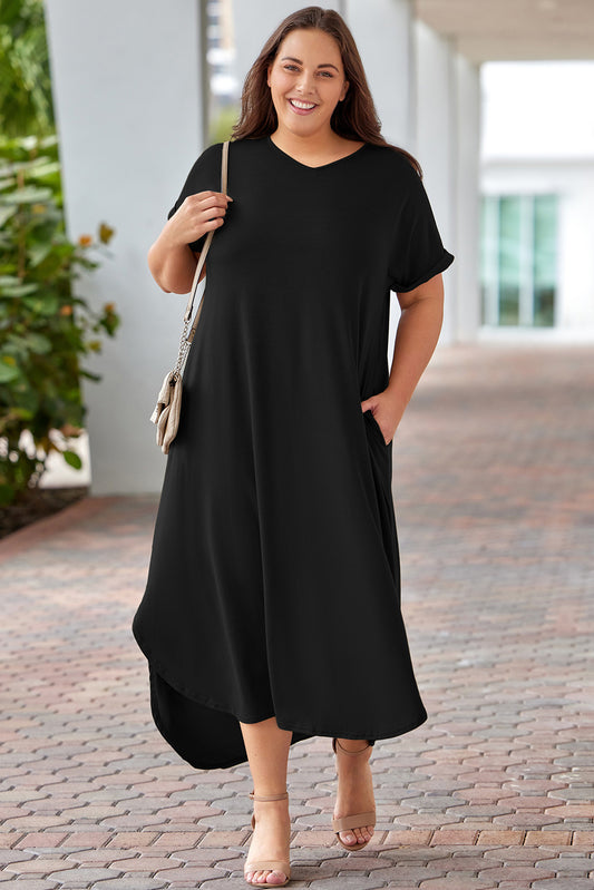 Plus Size V Neck Rolled Cuffs Maxi Dress