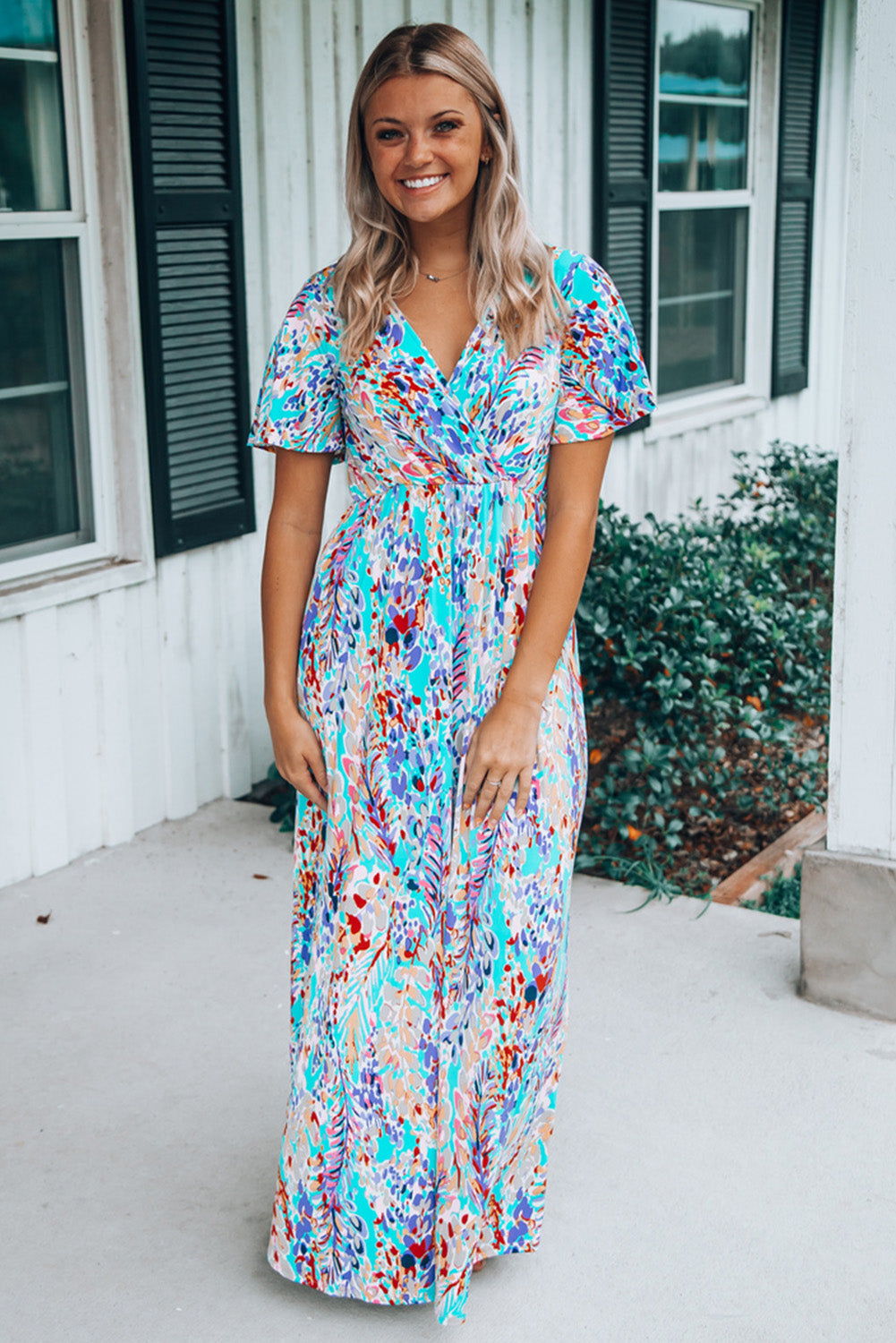 Wrap V Neck Floral Maxi Dress