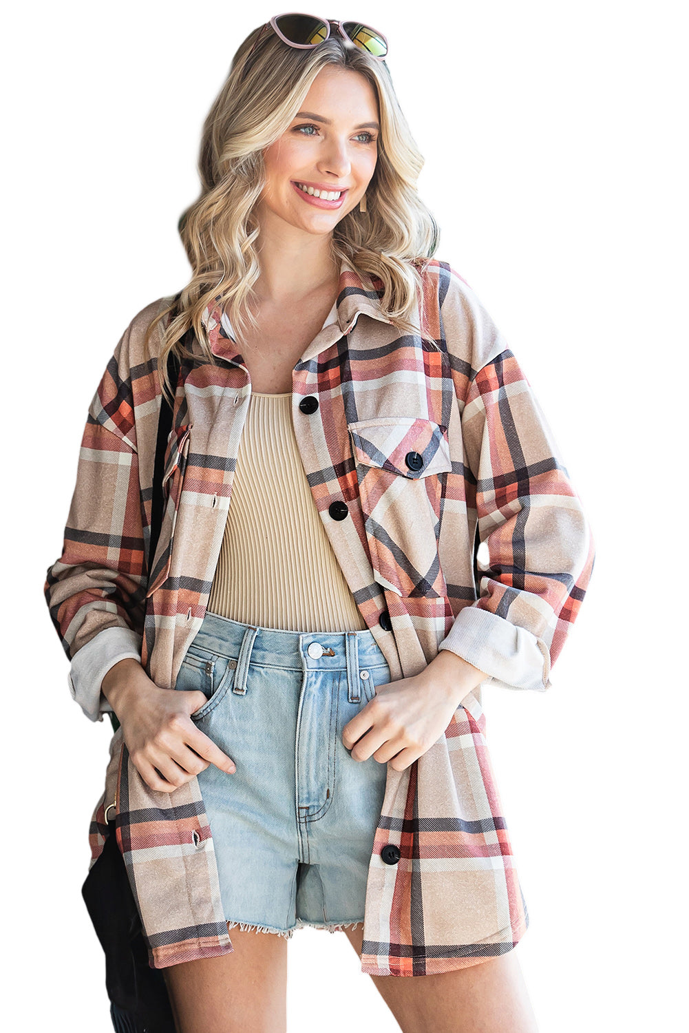 Khaki Chest Pockets Buttoned Oversized Plaid Shacket