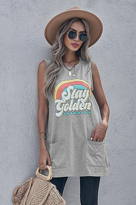 Stay golden Letters Graphic Tank with Pockets