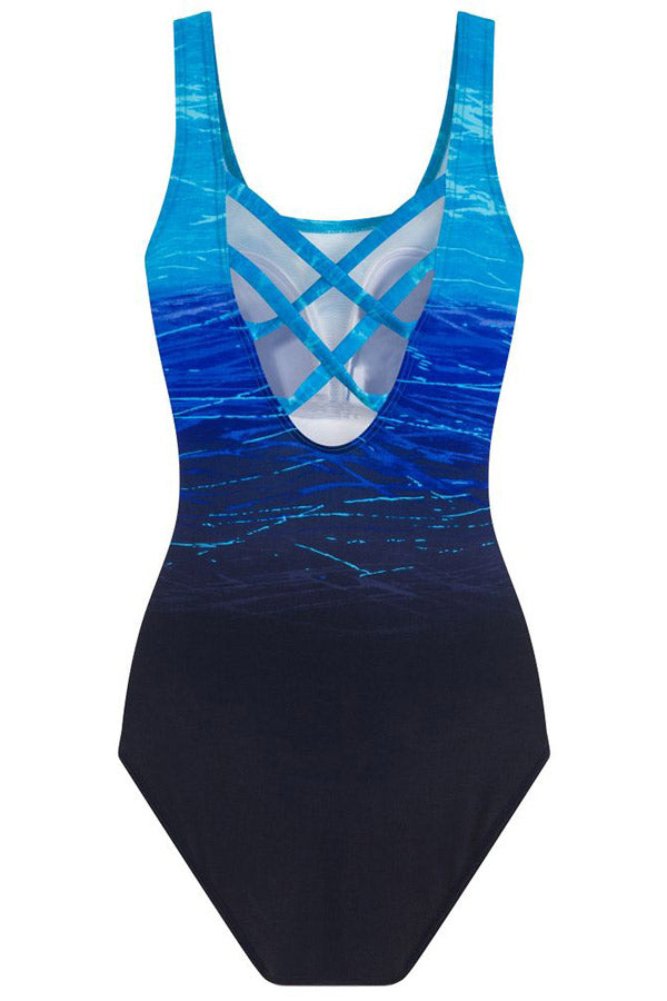 Blue Gradient Criss Cross Back One Piece Swimsuit