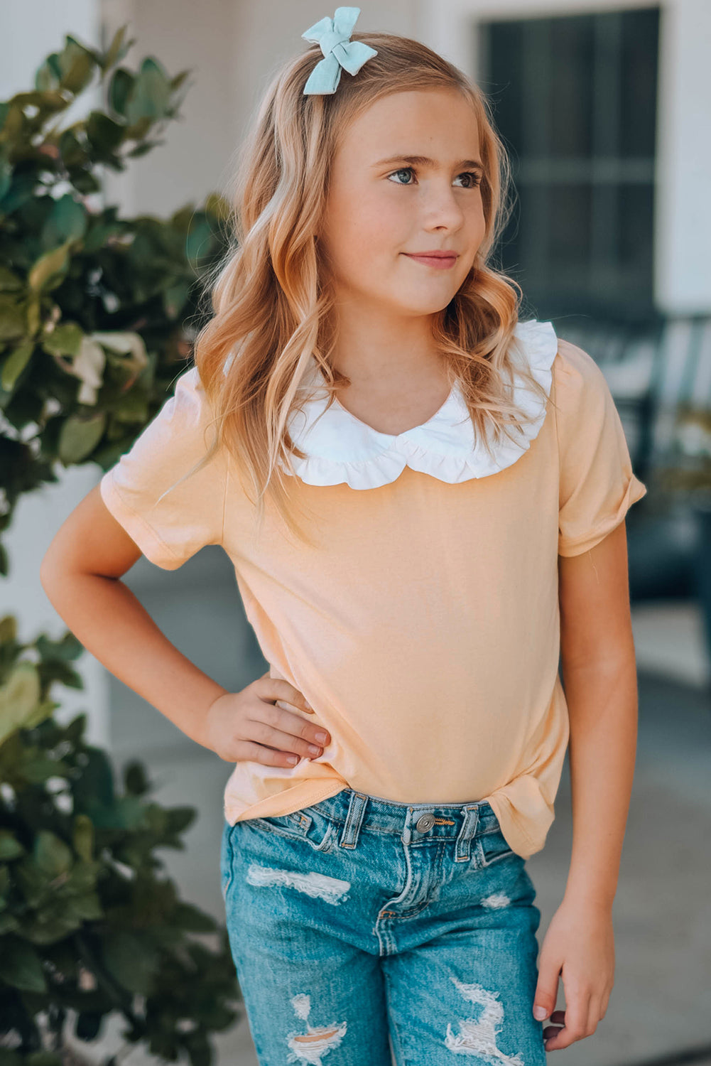 Orange Little Girl Peter Pan Collar Short Sleeve Top