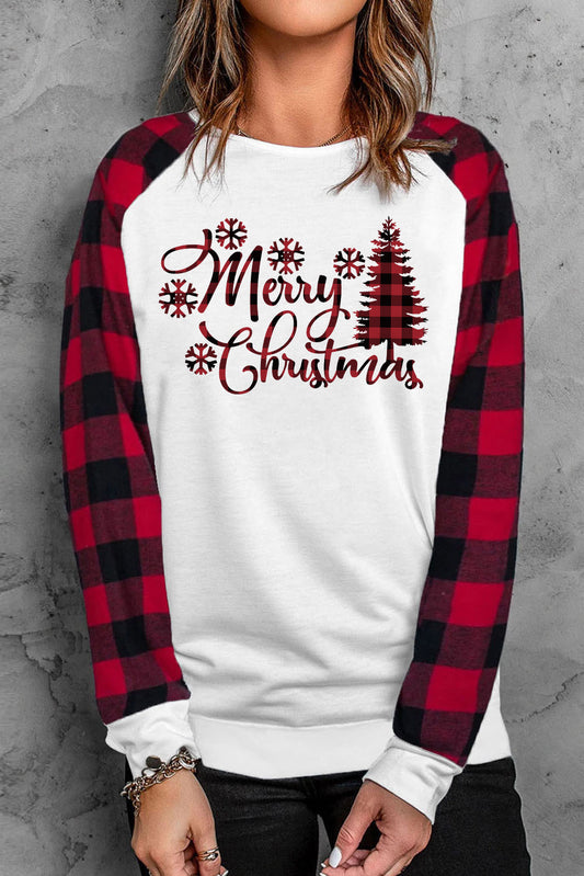 Merry Christmas Plaid Graphic Print Long Sleeve Sweatshirt