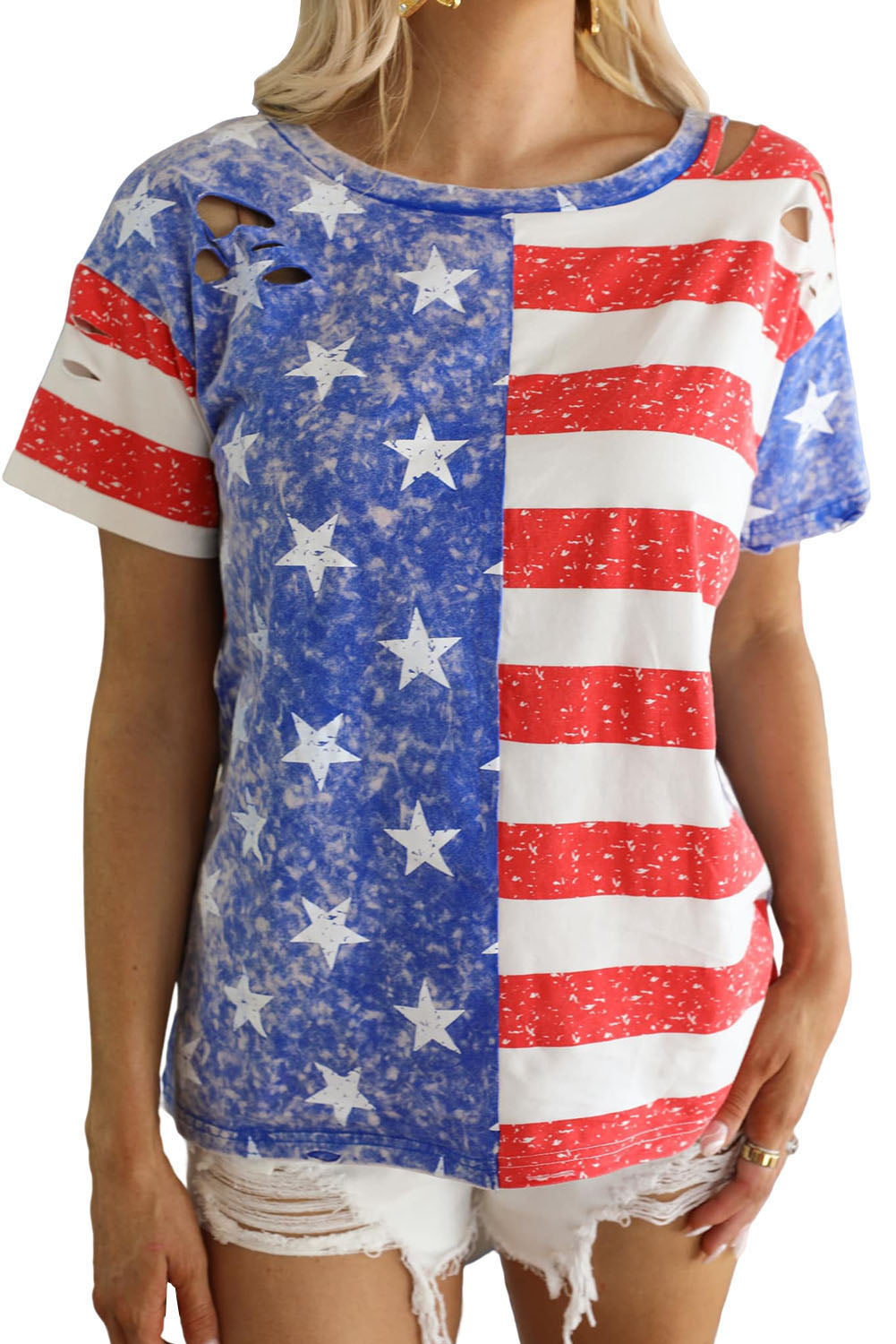 Stripe American Flag Print Distressed Crew Neck T Shirt