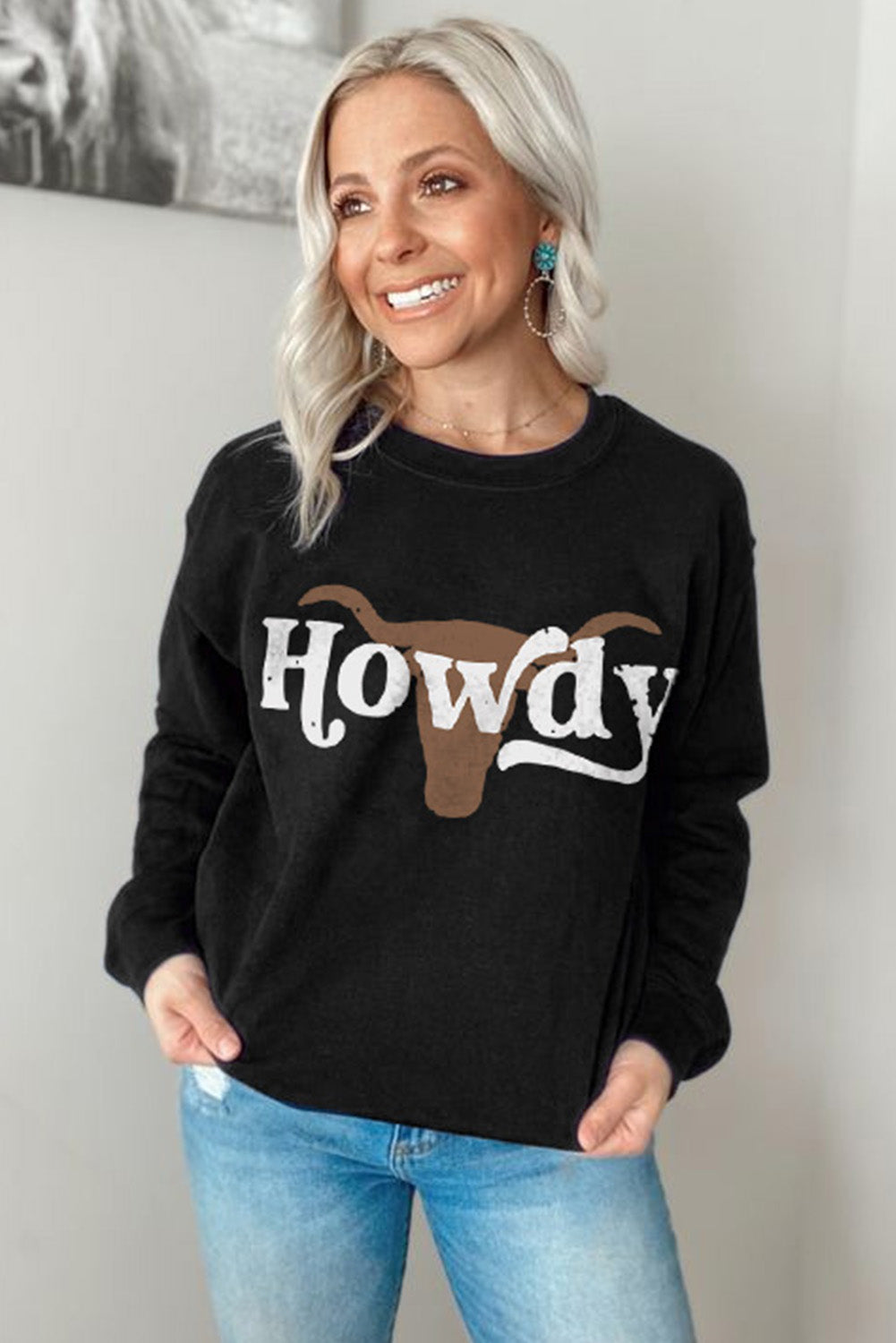 HOWDY Steer Head Print Long Sleeve Sweatshirt