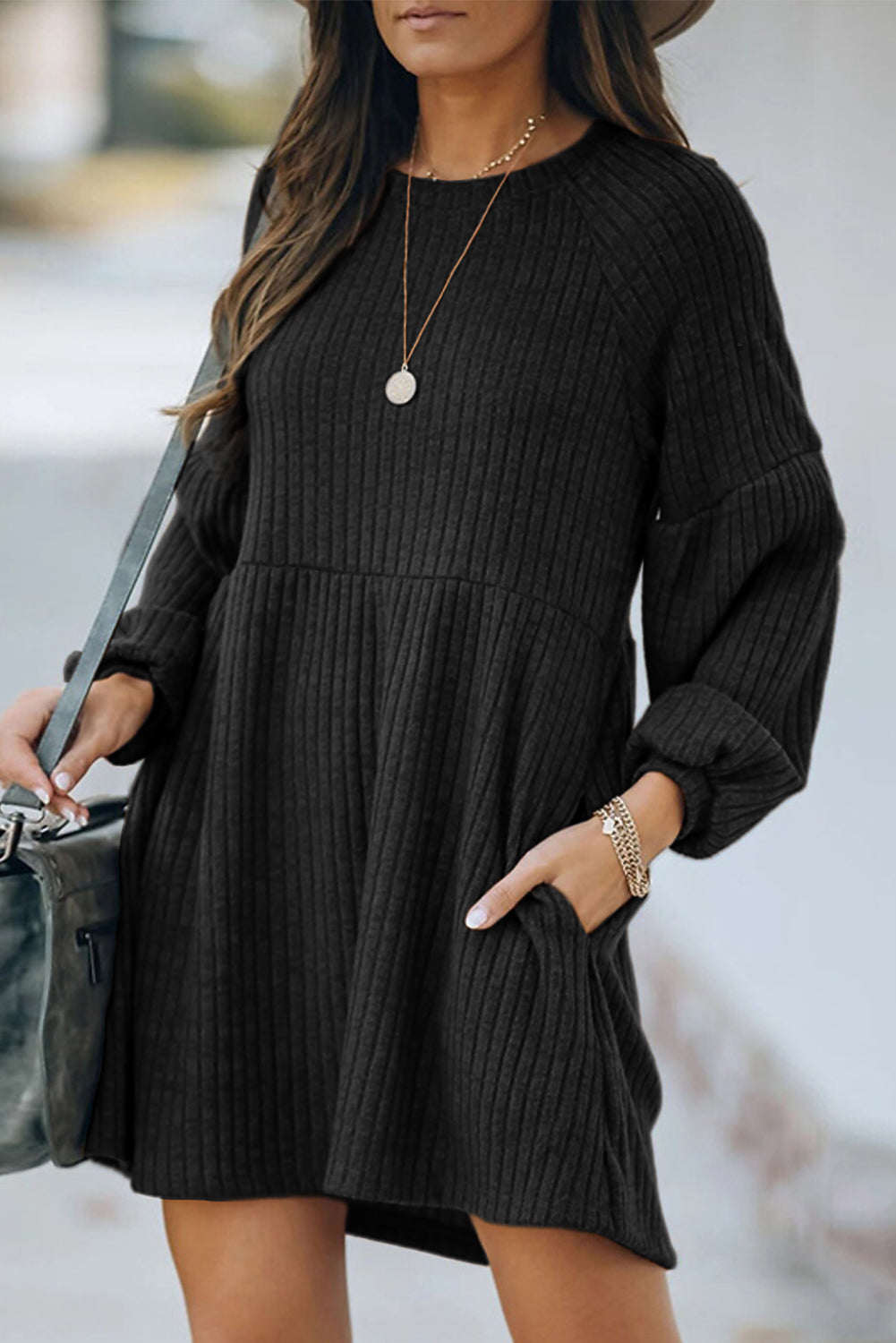 Black Round Neck Empire Waist Ribbed Knit Dress