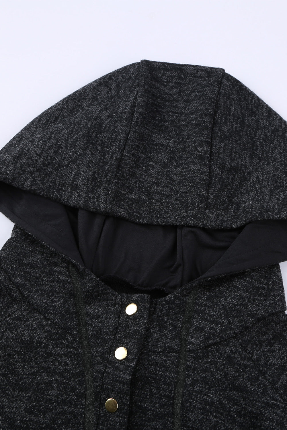 Black Heathered Print Button Snap Neck Pullover Hoodie