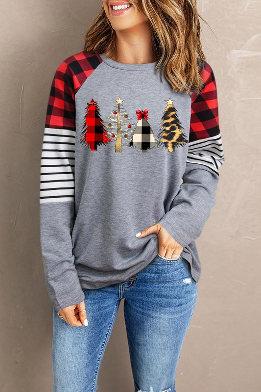 Christmas Trees Print Plaid & Stripe Long Sleeve Top