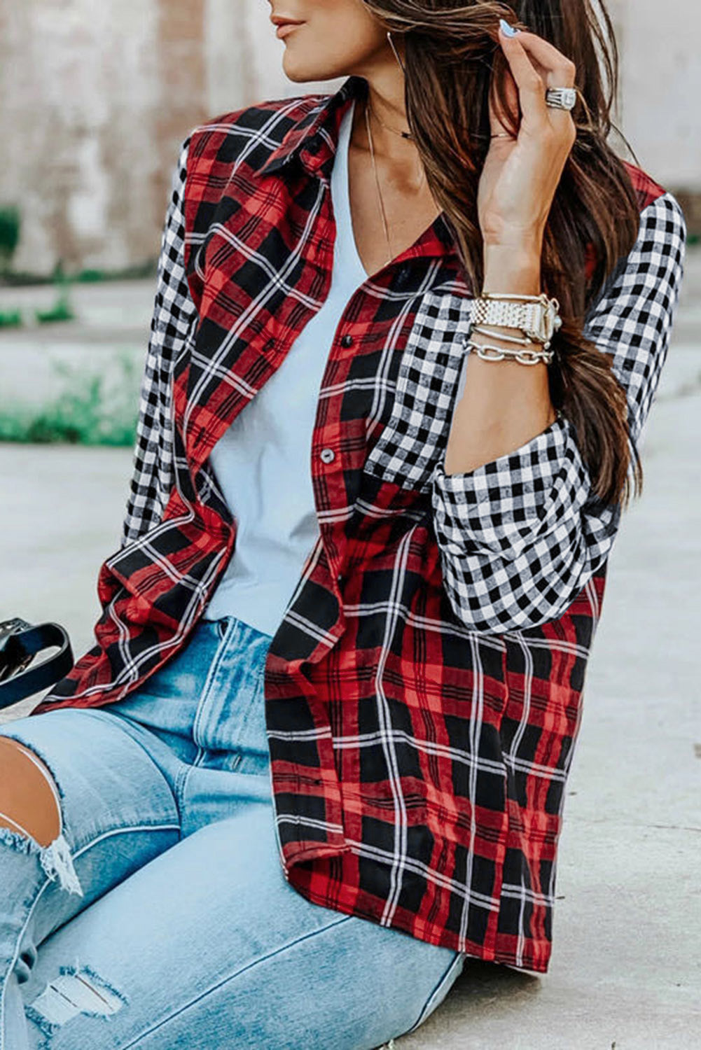 Fiery Red Plaid Splicing Hit Color Pockets Turndown Collar Long Sleeve Shirt