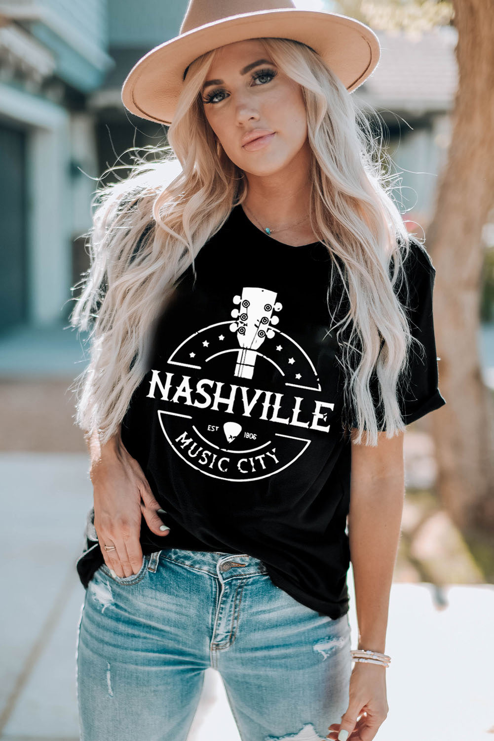 NASHVILLE MUSIC CITY Graphic Print Crew Neck T Shirt