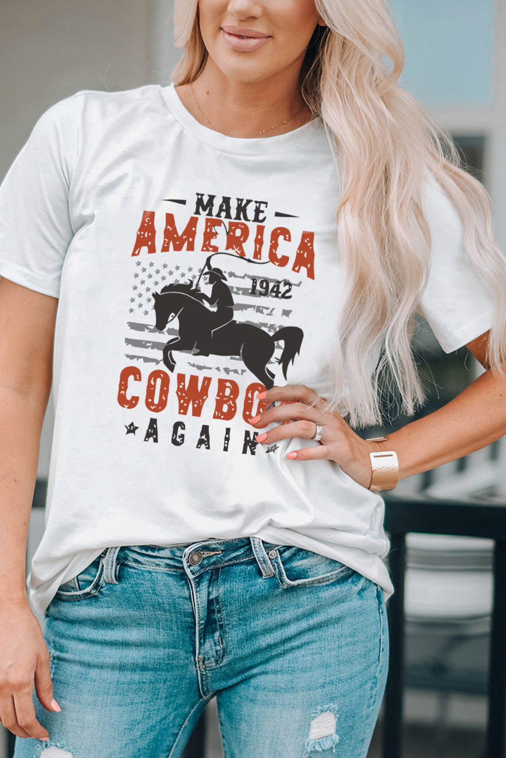 America Cowboy Graphic Print Crew Neck T Shirt