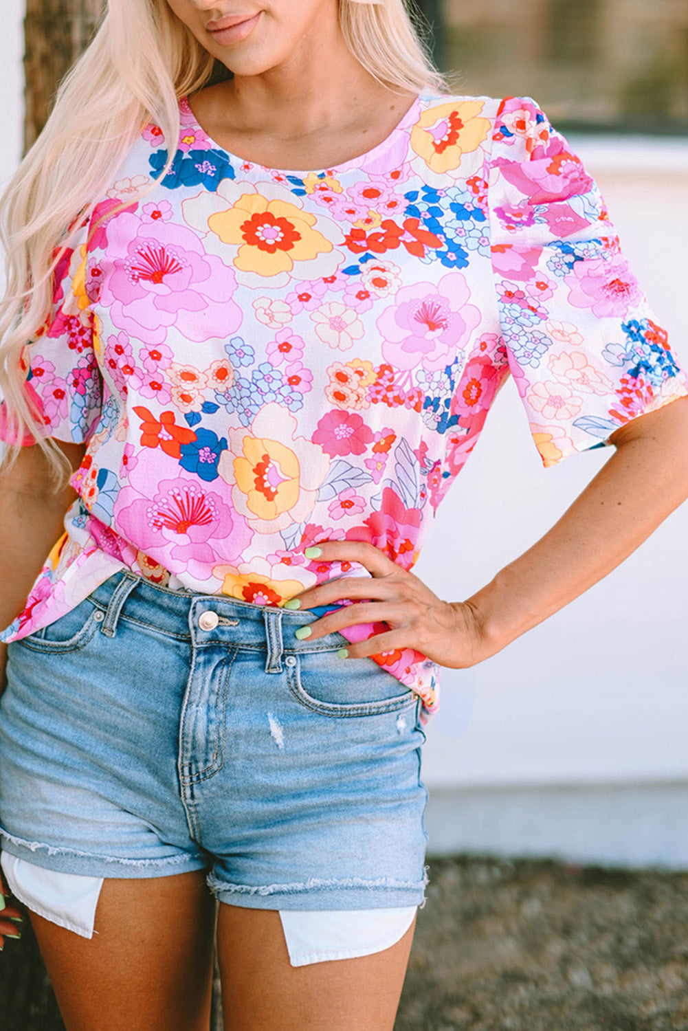 Ruched Puff Sleeve Floral Blouse