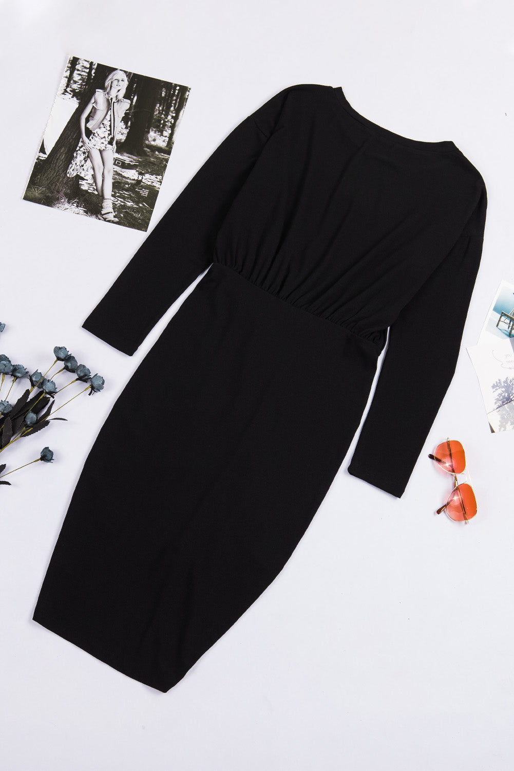 Black Black Crewneck Long Sleeve Shirred Split Bodycon Dress