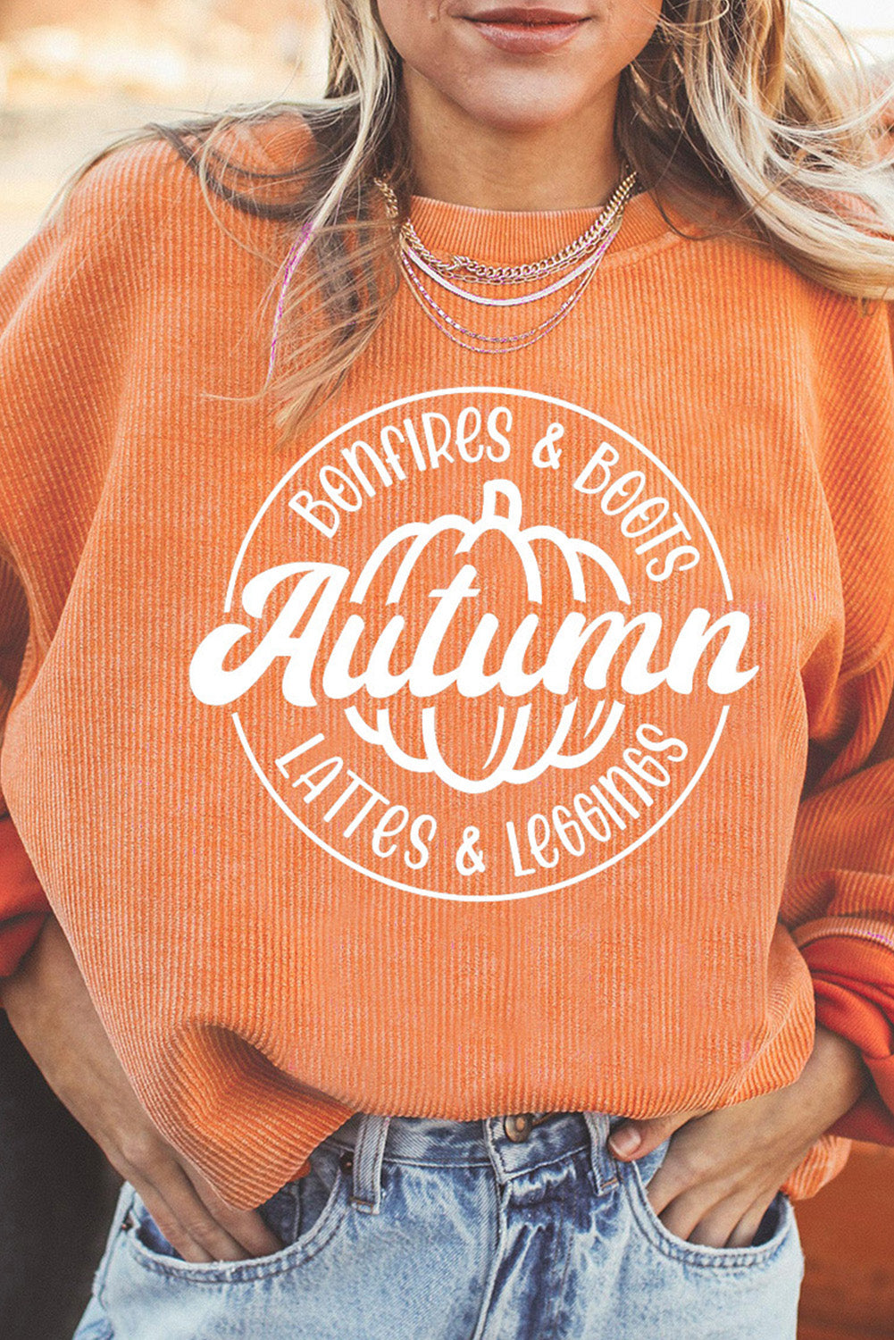 Autumn Pumpkin Graphic Print Corded Oversized Sweatshirt