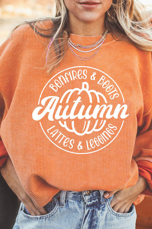 Autumn Pumpkin Graphic Print Corded Oversized Sweatshirt