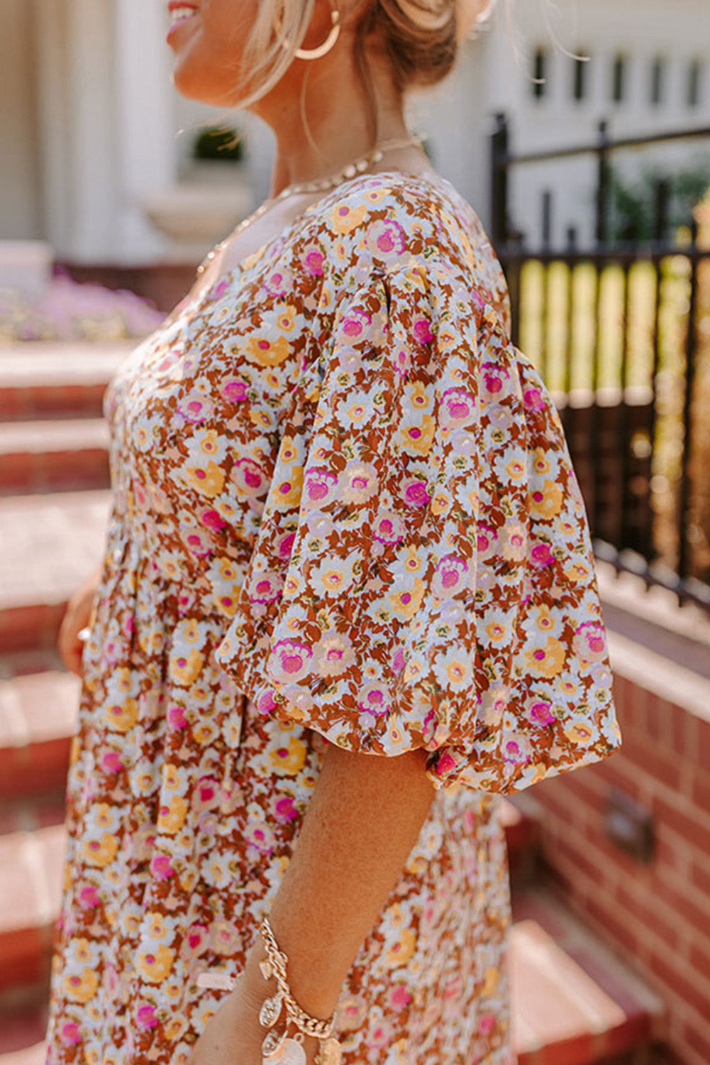 Multicolor Plus Size Floral Print Puff Sleeves Dress