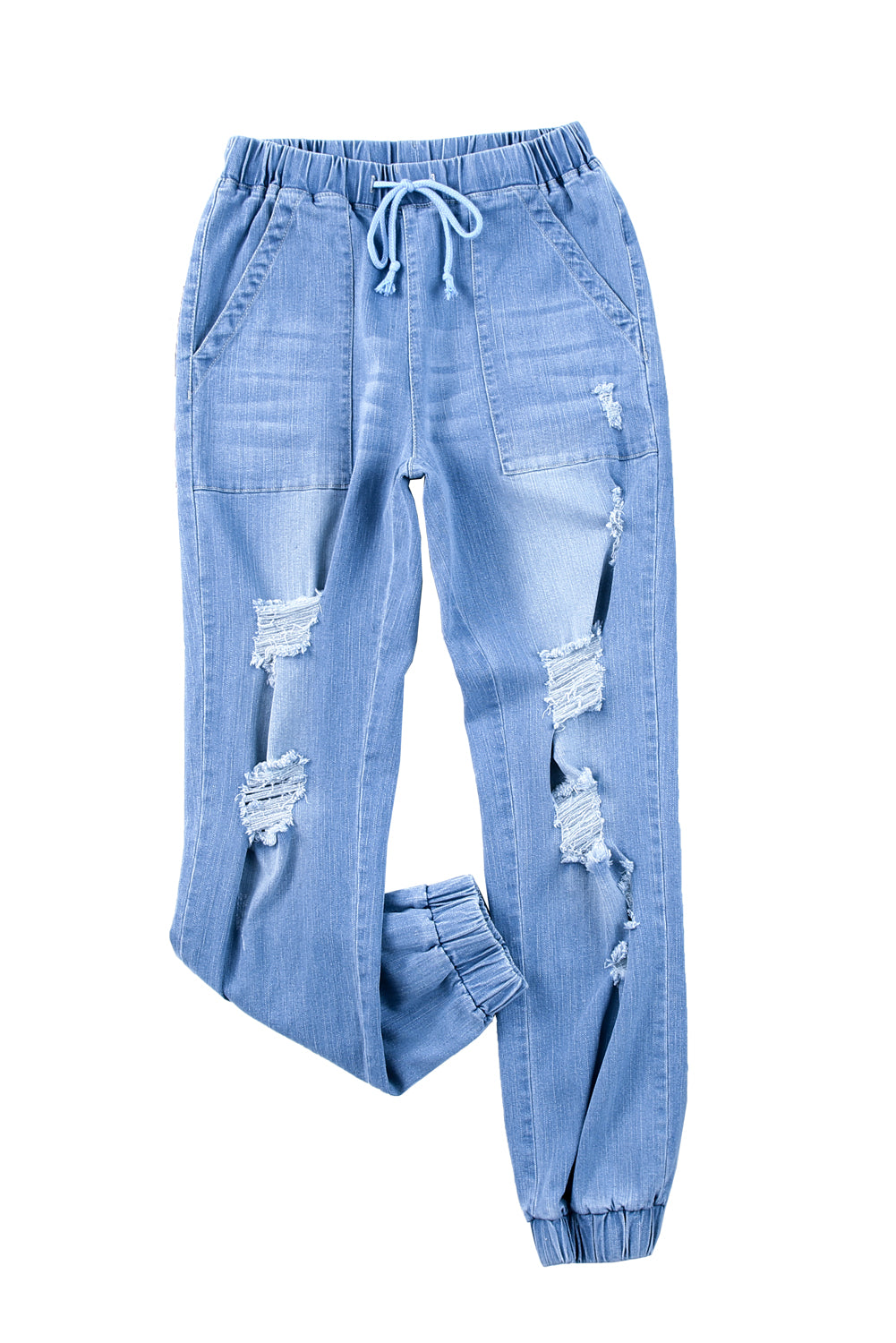 Sky Blue Pocketed Distressed Denim Joggers