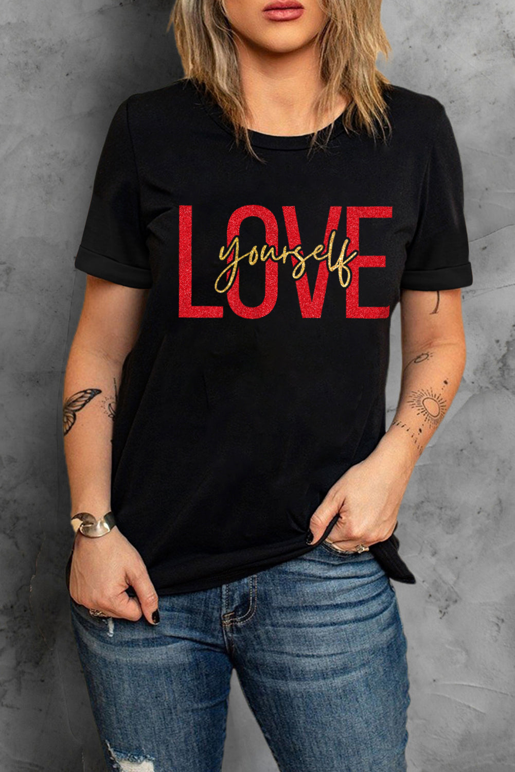 LOVE Yourself Glitter Pattern Print Short Sleeve T Shirt