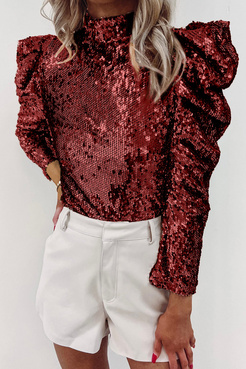 Black Sequin Mock Neck Bubble Sleeve Top