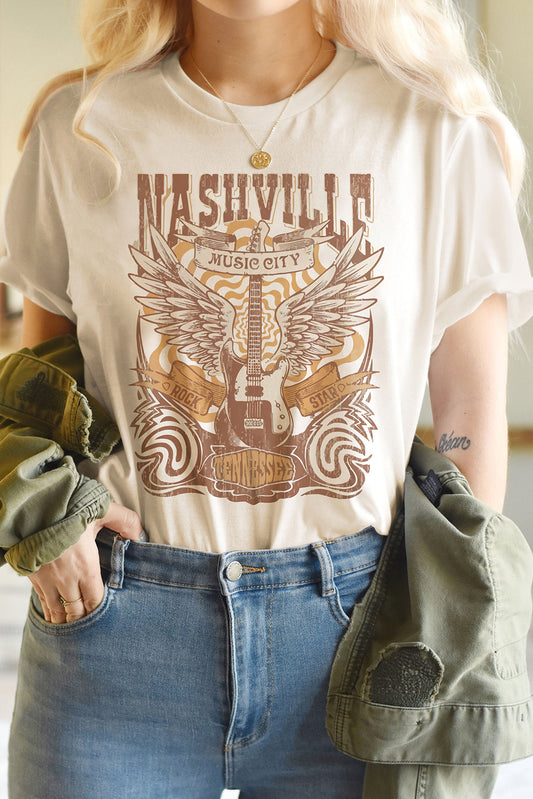 Khaki Music City Guitar Graphic Print T Shirt