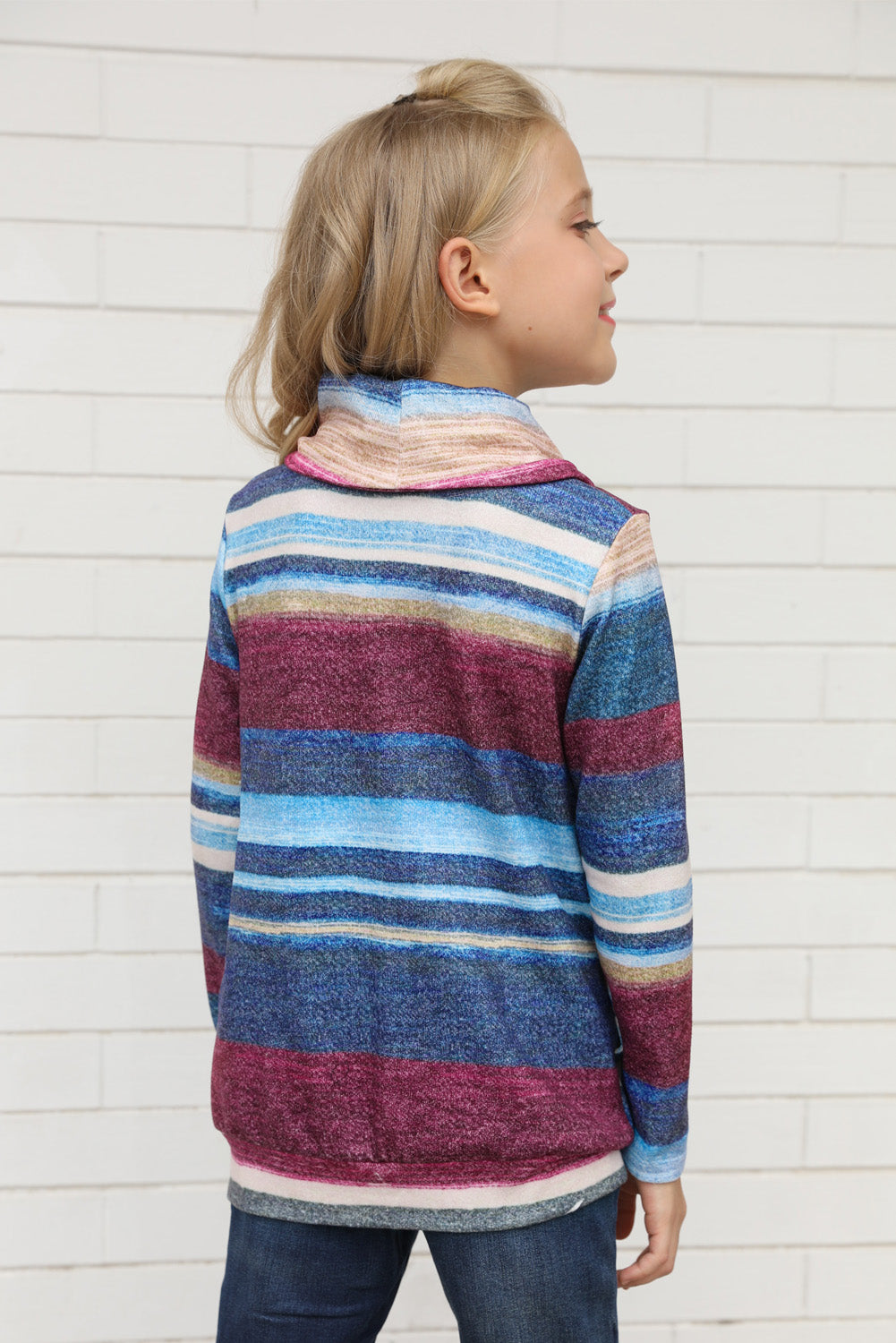 Multicolor Cowl Neck Girl's Striped Sweatshirt