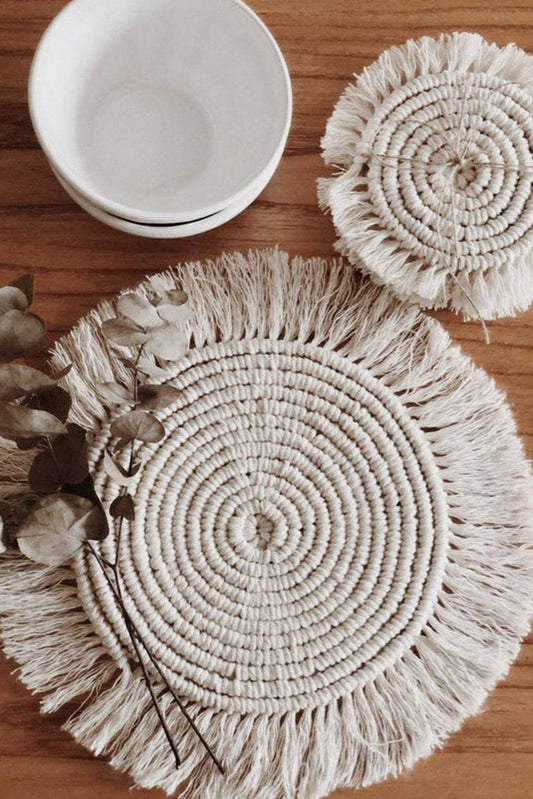 Beige Boho Tassel Macrame Coaster 15cm*15cm