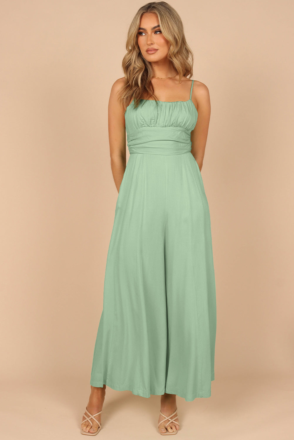 Green Spaghetti Straps Backless Knot Wide-Leg Jumpsuit