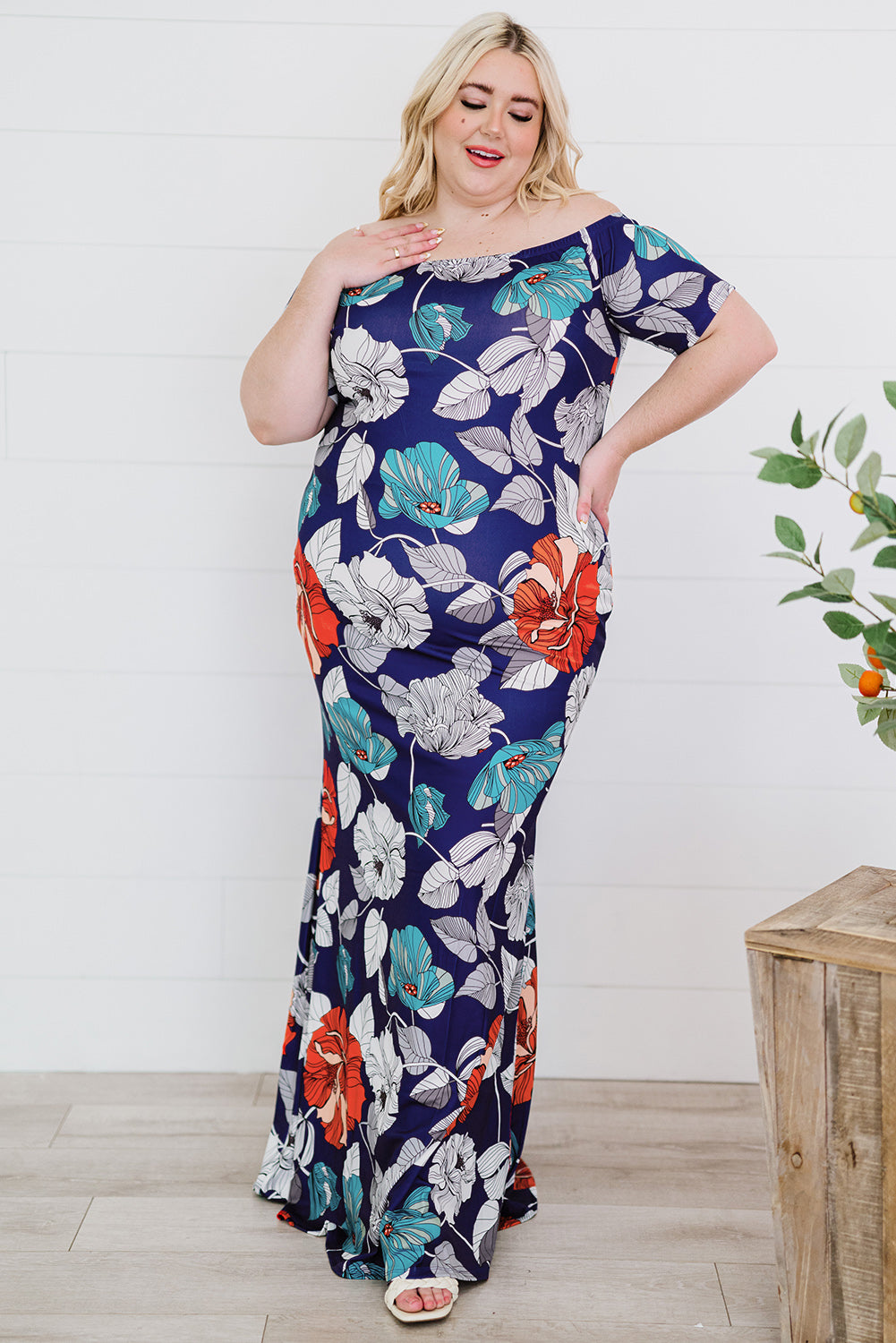 Green Off-the-shoulder Floral Print Plus size Maxi Dress