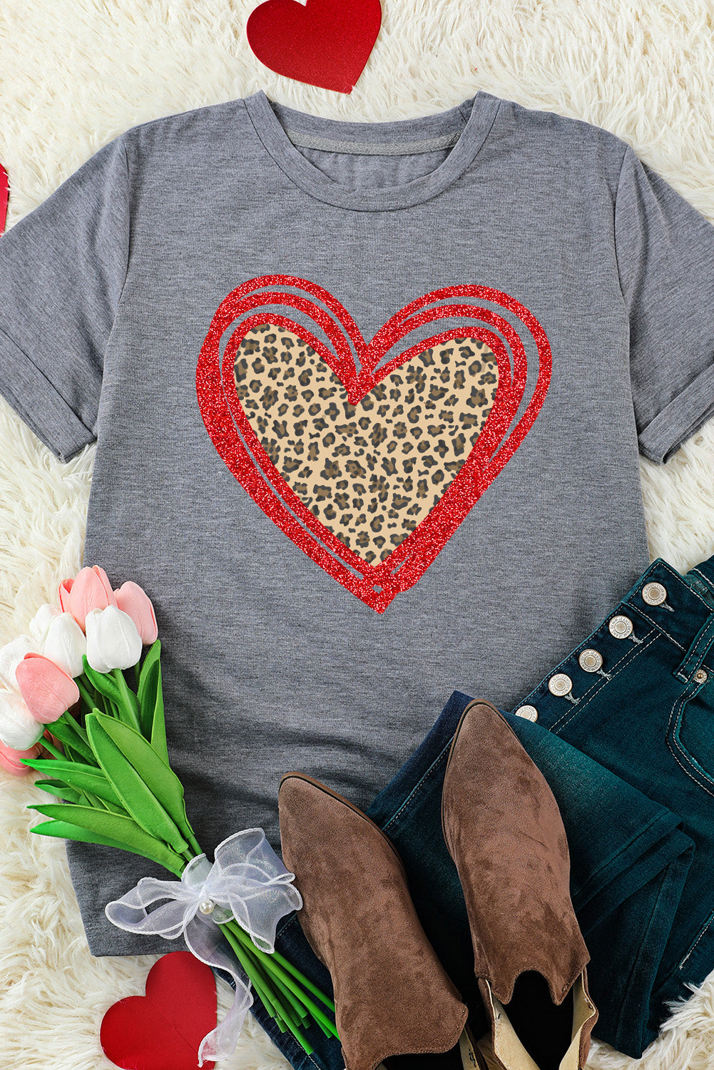 Sequin Leopard Heart Graphic T-shirt