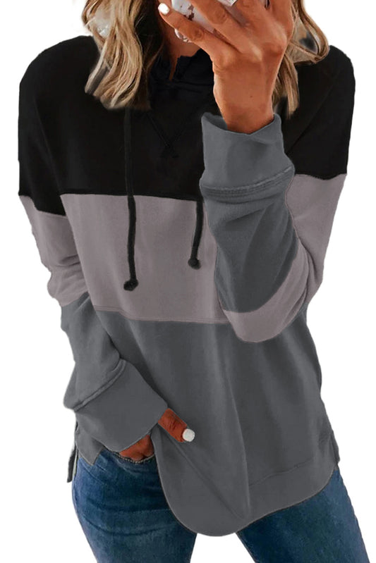 Black Drawstring Color Block Stripe Casual Hoodie