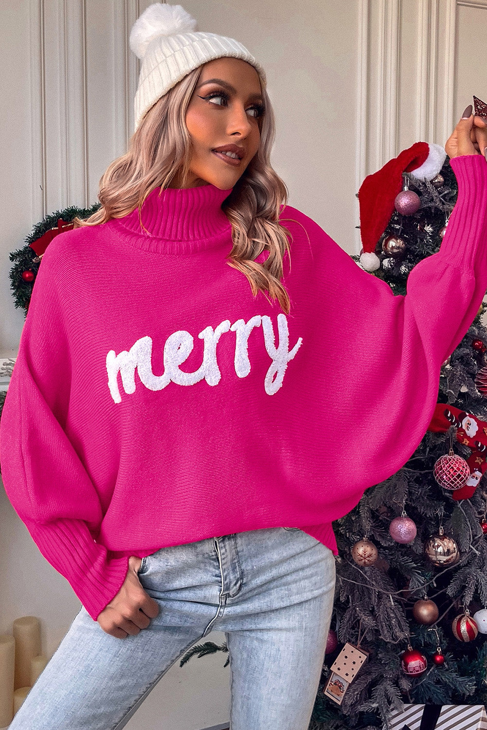 Rose Merry Letter Embroidered High Neck Sweater