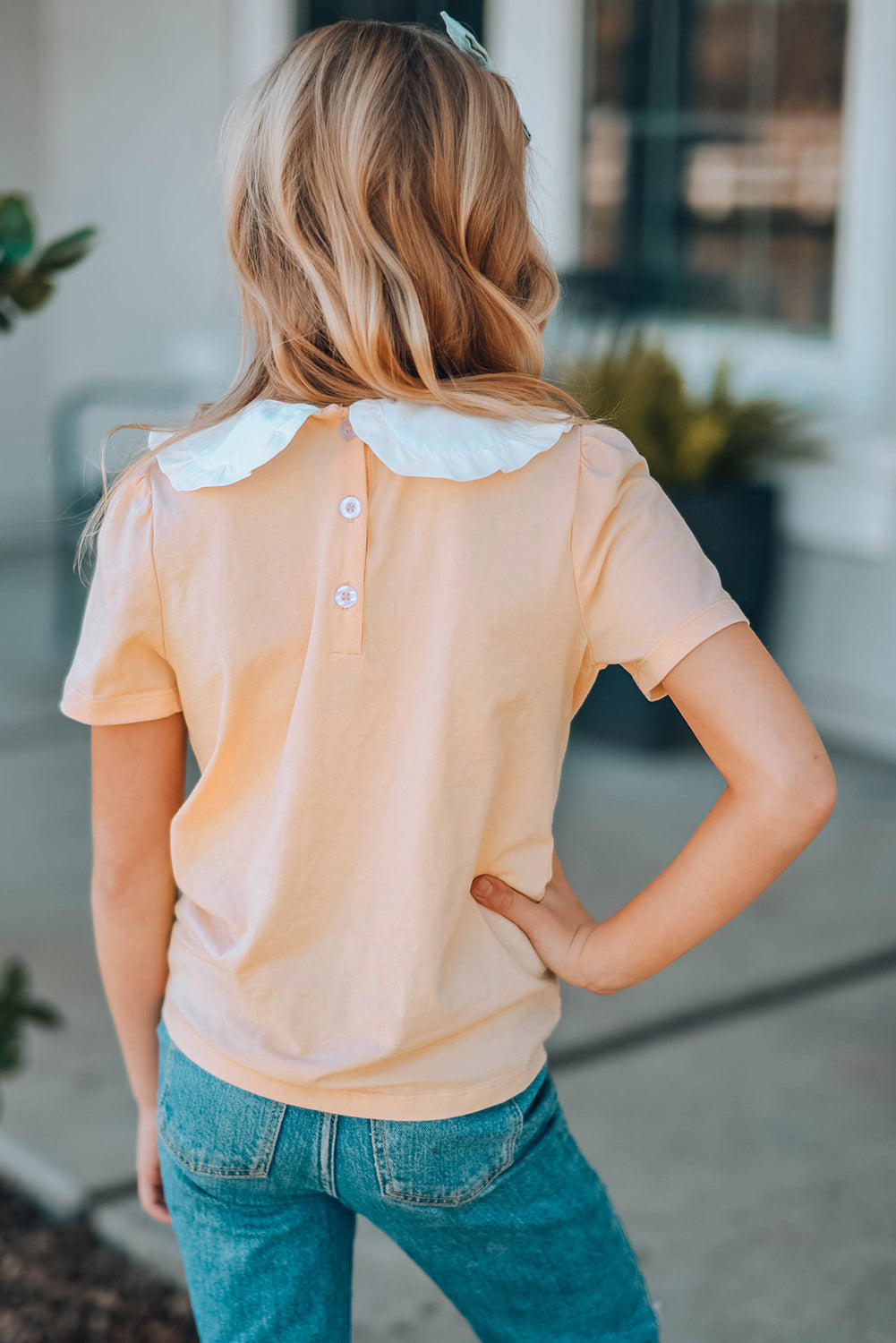 Orange Little Girl Peter Pan Collar Short Sleeve Top