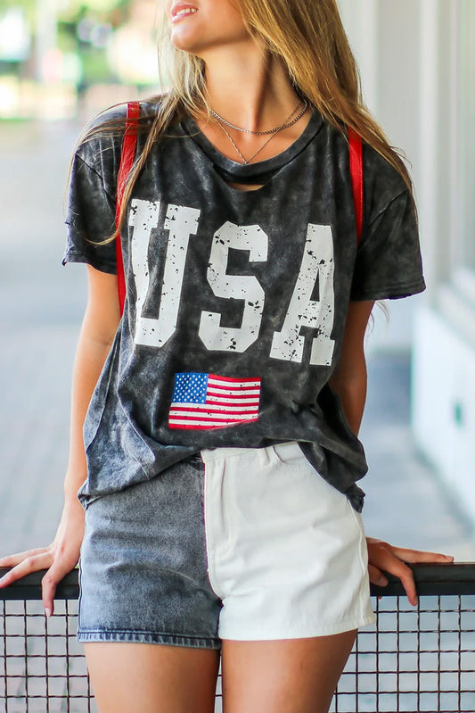 Distressed Tie-dye USA Flag Print T-shirt