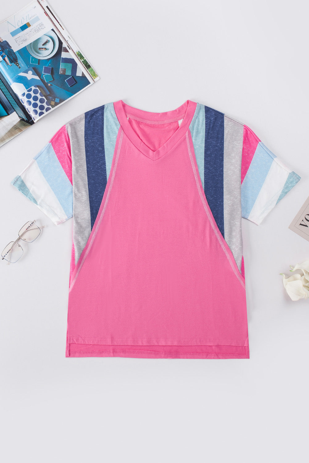 Pink White Stripe Patchwork V Neck T Shirt