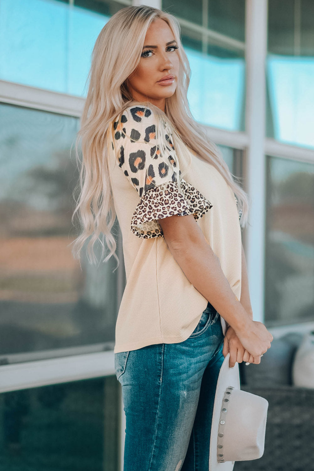 Mixed Leopard Ruffle Sleeve Waffle Knit Top