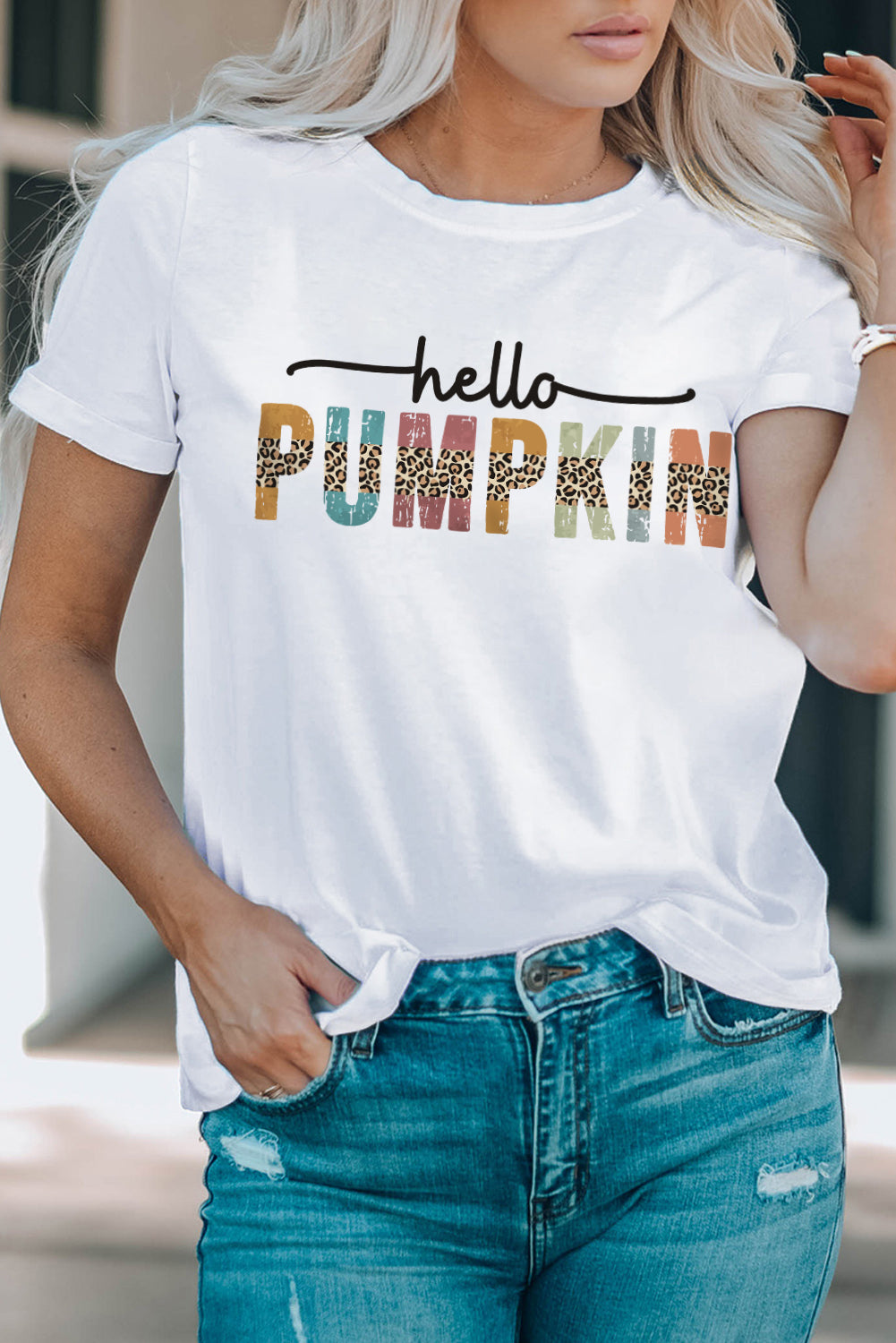 Colorful Pumpkin Leopard Graphic Casual Tee