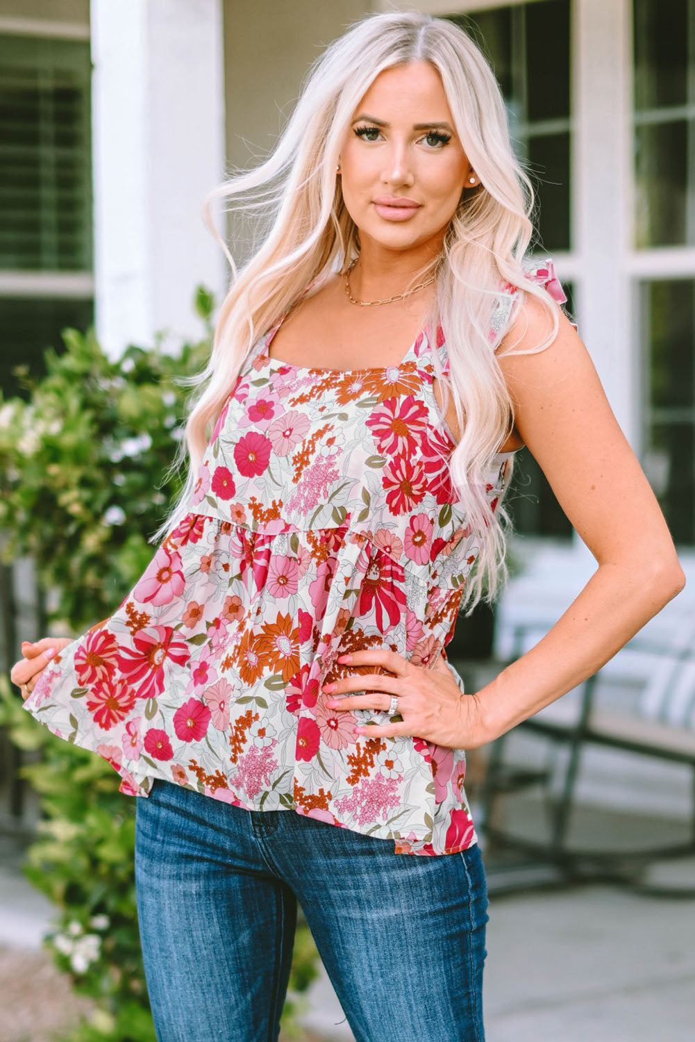 Purple Multicolor Flutter Floral Print Flowy Tank Top