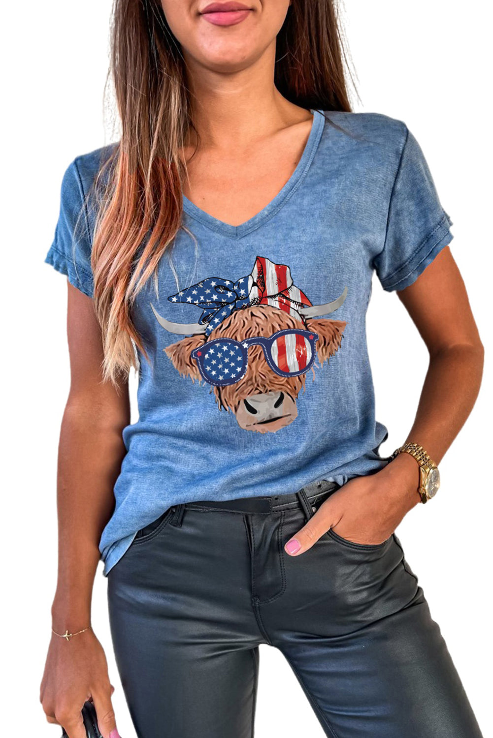 American Flag Cow Head Print V Neck Graphic T Shirt