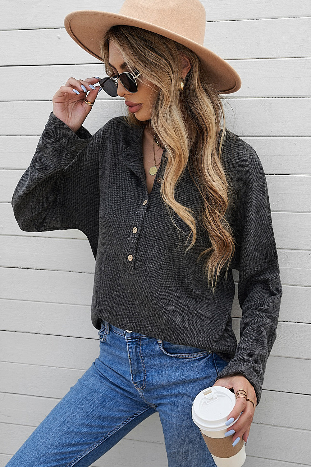 Gray Buttoned Loose Long Sleeve Shirt