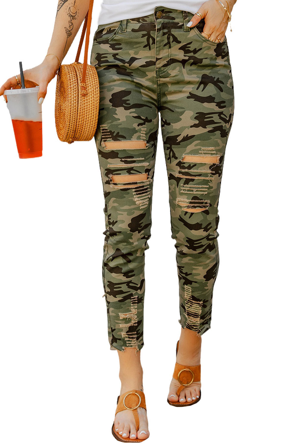 Green Camouflage Hollow out Skinny Jeans with Pocket