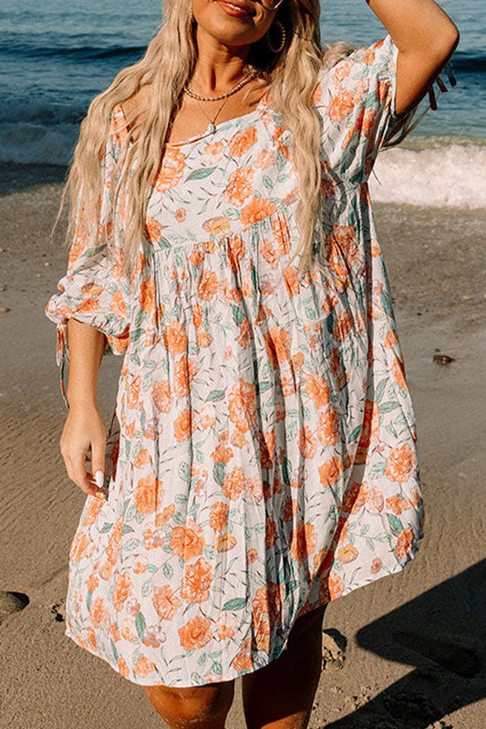 Plus Size Square Neck Tie Sleeve Floral Dress