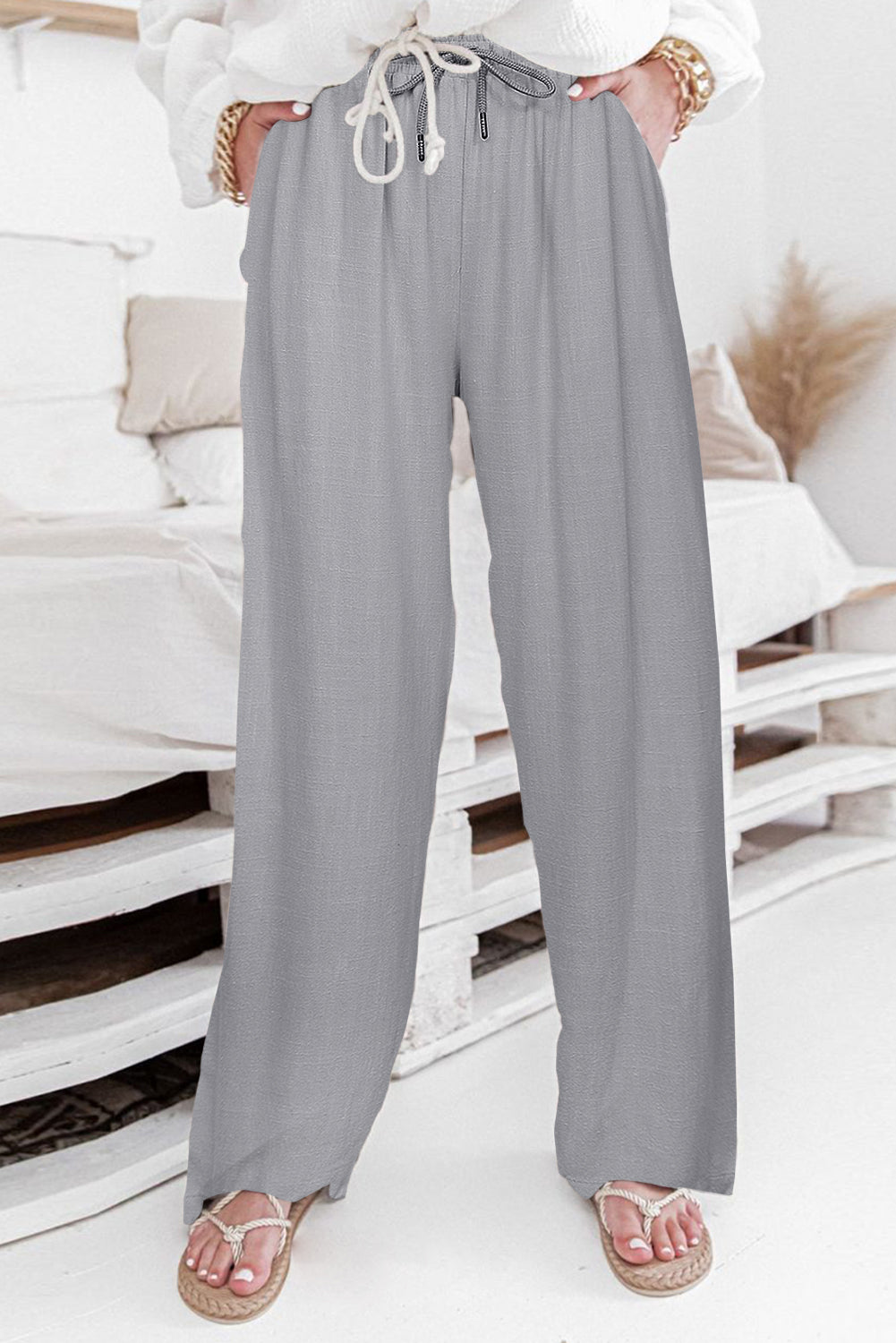 Gray High Waist Drawstring Wide Legs Casual Pants