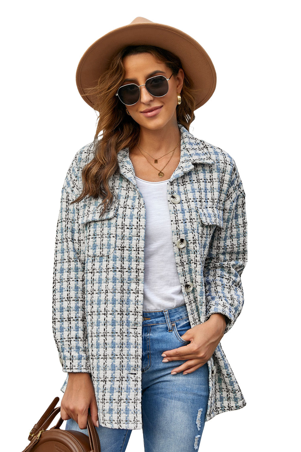Sky Blue Plaid Print Button Knitted Jacket with Pocket