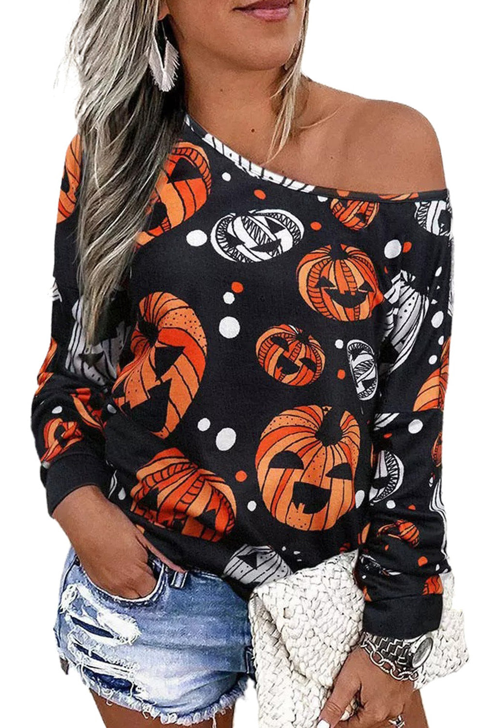 Halloween Pumpkin Face Crew Neck Top