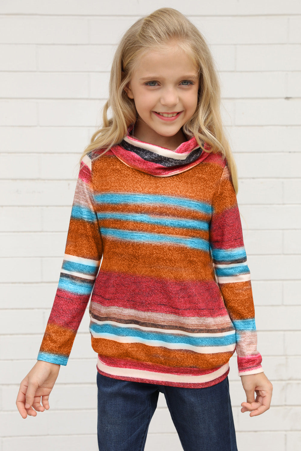 Multicolor Cowl Neck Girl's Striped Sweatshirt