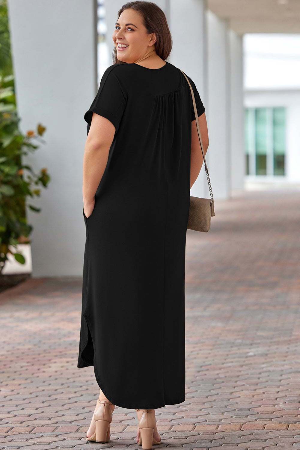 Plus Size V Neck Rolled Cuffs Maxi Dress